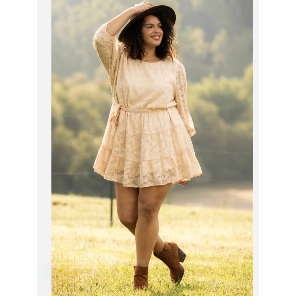 Arula Cream Floral Lace Mini Dress Long Balloon Sleeve Boho Ruffle Hem Size C 3X